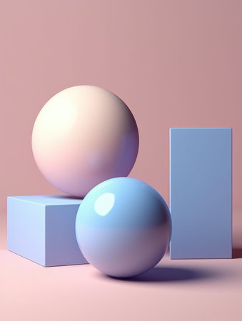 3d render of abstract minimal geometric forms. Glossy blue and pink podiums with balls.の素材