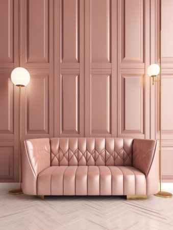 Pink leather sofa in classic interior with floor lamp. 3d renderの素材