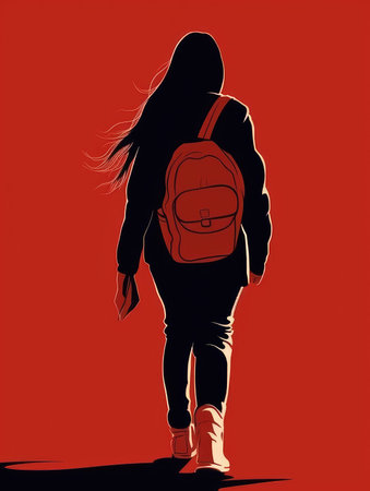 Girl with backpack on a red background. Back to schoolの素材