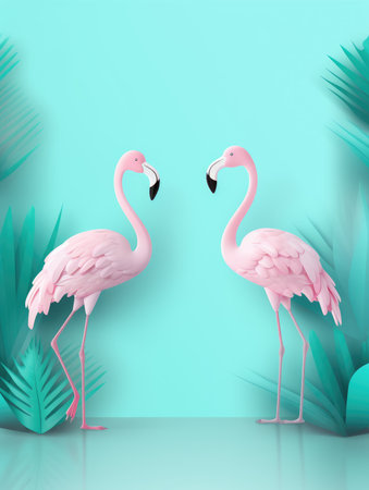 Two pink flamingos on a blue background with palm leaves.の素材