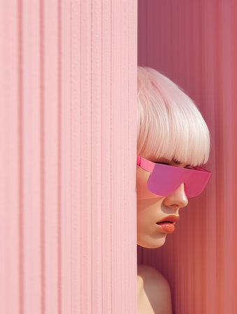 Fashion portrait of young beautiful woman with pink hair and sunglasses.の素材