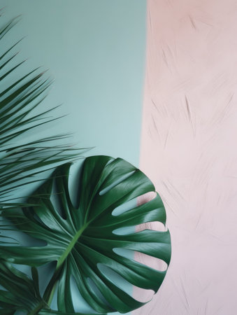 Tropical palm leaves on pastel background. Minimal summer conceptの素材