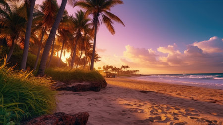 Palm trees on the tropical beach at sunset. Panoramic view.の素材