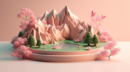 3d render, abstract minimal landscape with mountains, trees and lakeの素材
