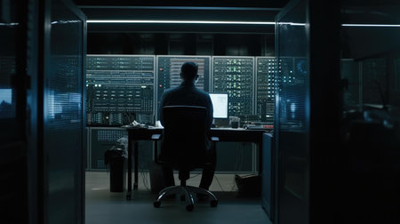 Silhouette of a man working in a server room at nightの素材