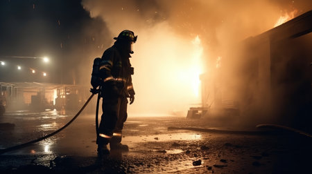 Firefighters extinguish a fire with a water hose at night.の素材