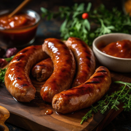 Grilled sausages with tomato sauce and parsley on wooden boardの素材