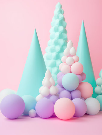 3d render of christmas tree made of colorful balls on a pink backgroundの素材