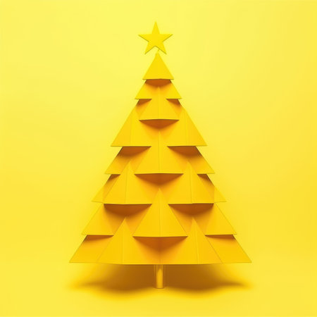 Christmas tree made of yellow paper on a yellow background. 3d renderingの素材