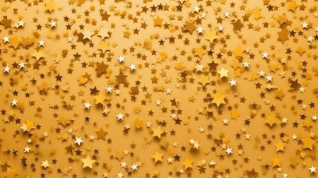 Golden stars confetti on a yellow background. Flat lay, top view.の素材