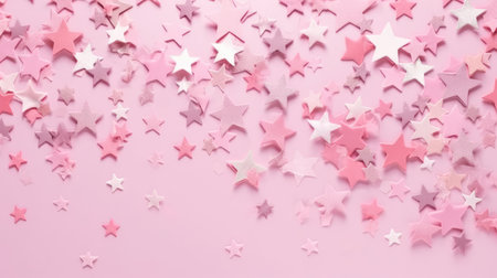 Pink and white stars confetti on pink background. Flat lay, top view.の素材