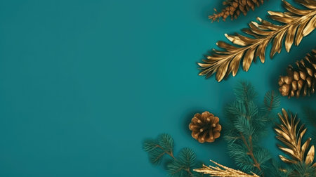 Christmas background with fir tree branches and golden pine cones on blue background. Flat lay, top view, copy spaceの素材