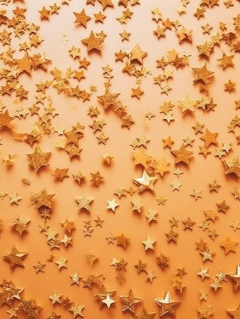 Golden stars confetti on orange background. Flat lay, top view.の素材