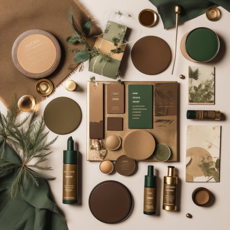 Flat lay composition with beauty products and accessories on beige backgroundの素材
