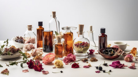 Essential oils in bottles on table with dried roses and dry flowersの素材