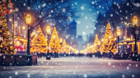 city street Christmas winter blurred background. Xmas tree with snow decorated with garland lights, holiday festive background. widescreen backdrop. New Year Winter. generative aiの素材
