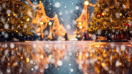 city street Christmas winter blurred background. Xmas tree with snow decorated with garland lights, holiday festive background. widescreen backdrop. New Year Winter. generative aiの素材