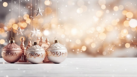 Christmas background with decorative holiday design elements. Festive background with christmas ornament decoration, Copy space. banner and poster. generative aiの素材