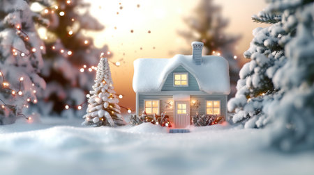 Christmas house in winter snowy forest. holiday christmas ornament decoration, Copy space. banner and poster. generative aiの素材