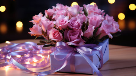 Romantic surprise gift with flowers. Birthday gifts. Christmas background with festive gift box. holiday gift box. New Year template for postcard and banner design. greeting card generative aiの素材