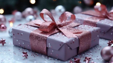 Christmas background with festive gift box. holiday gift box. Festive New Year template for postcard and banner design. greeting card generative aiの素材