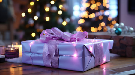 Christmas gifts box under the tree. Festive Christmas and New Year evening cozy background. generative aiの素材