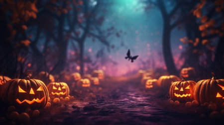 Pumpkin orange glows angry face. Pumpkin glows in the night for Halloween. generative aiの素材