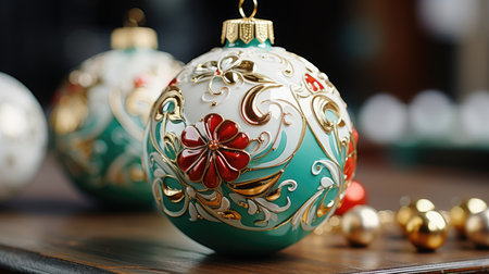 Christmas background decoration baubles balls hanging. Decorative beautiful Ball. Xmas Ornament Balls. Festive New Year template for postcard and banner design. generative aiの素材