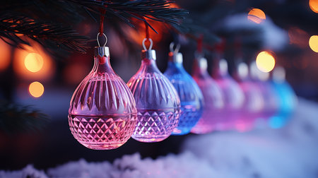 Christmas background decoration baubles balls hanging. Decorative beautiful Ball. Xmas Ornament Balls. Festive New Year template for postcard and banner design. generative aiの素材