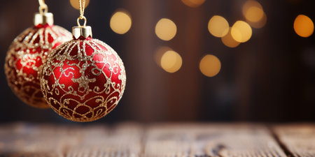 Christmas background decoration baubles balls hanging. Decorative beautiful Ball. Xmas Ornament Balls. Festive New Year template for postcard and banner design. generative aiの素材