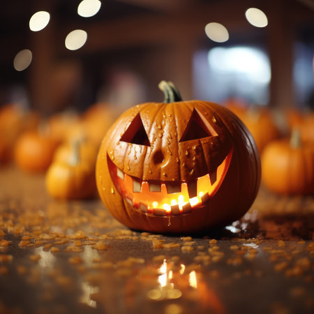 Pumpkin orange glows angry face. Pumpkin glows in the night for Halloween. generative aiの素材