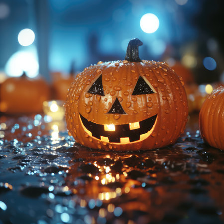 Pumpkin orange glows angry face. Pumpkin glows in the night for Halloween. generative aiの素材
