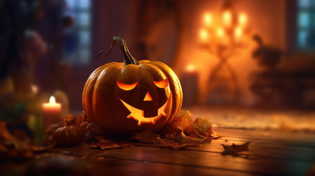 Pumpkin orange glows angry face. Pumpkin glows in the night for Halloween. generative aiの素材