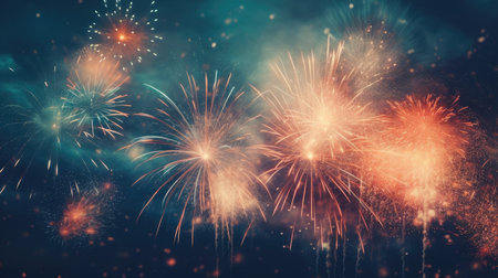 Abstract colored firework background with free space for text. bright fireworks. Background night festive fireworks in the sky. generative aiの素材