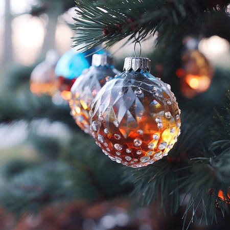 Christmas background decoration baubles balls. Decorative beautiful Ball. Xmas Ornament Balls. Holiday Merry Christmas. Festive New Year template for postcard and banner design. generative aiの素材