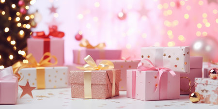 Christmas gift box under the tree. Colorful multicolored gift boxes. Merry Christmas and Happy New Year. Festive bright beautiful background.の素材