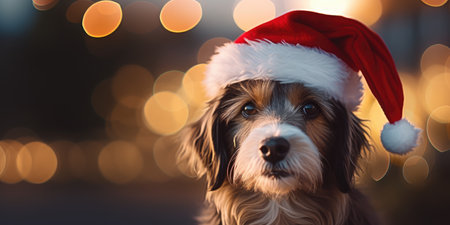 Christmas pet dog wearing a red santa claus hat. Background bright blurred lights bokeh light. Merry Christmas and Happy New Year. Festive bright beautiful background.の素材