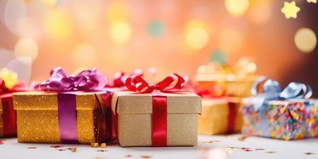 Christmas gift box. Colorful multicolored gift boxes. Merry Christmas and Happy New Year. Festive bright beautiful background.の素材