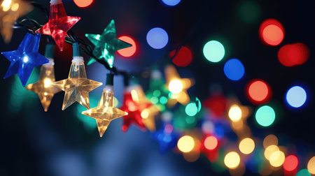 Christmas shining star hang on a garland. Background bright blurred lights bokeh light. Merry Christmas and Happy New Year. Festive bright beautiful background.の素材