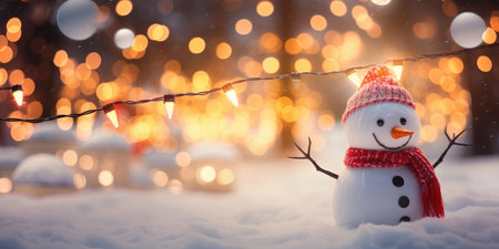 Happy winter snowman in a red hat. Merry Christmas and Happy New Year. Festive bright beautiful background.の素材