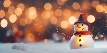 Happy winter snowman in a red hat. Merry Christmas and Happy New Year. Festive bright beautiful background.の素材