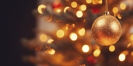 Festive Christmas decorative balls hanging. Merry Christmas and Happy New Year. Festive bright beautiful background.の素材