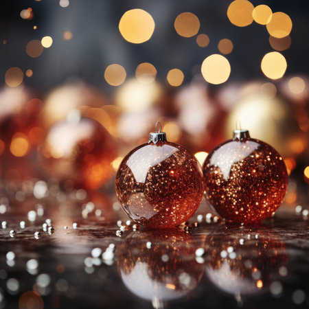 Christmas background decoration baubles balls. Decorative beautiful Ball. Xmas Ornament Balls. Holiday Merry Christmas. Festive New Year template for postcard and banner design. generative aiの素材