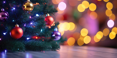 Merry Christmas and Happy New Year. Festive bright beautiful background. Decorated Christmas tree on blurred background. de-focused lights, golden bokehの素材