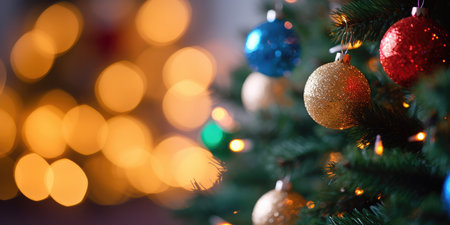 Merry Christmas and Happy New Year. Festive bright beautiful background. Decorated Christmas tree on blurred background. de-focused lights, golden bokehの素材