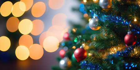 Merry Christmas and Happy New Year. Festive bright beautiful background. Decorated Christmas tree on blurred background. de-focused lights, golden bokehの素材