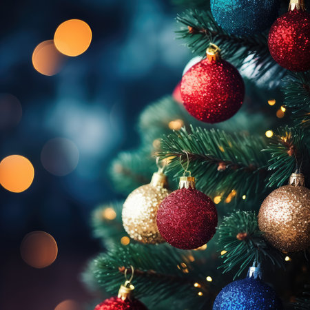 Merry Christmas and Happy New Year. Festive bright beautiful background. Decorated Christmas tree on blurred background. de-focused lights, golden bokehの素材