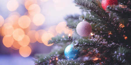 Merry Christmas and Happy New Year. Festive bright beautiful background. Decorated Christmas tree on blurred background. de-focused lights, golden bokehの素材