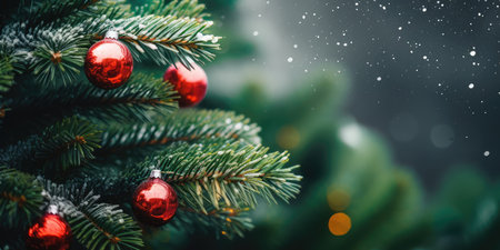 Merry Christmas and Happy New Year. Festive bright beautiful background. Decorated Christmas tree on blurred background. de-focused lights, golden bokehの素材