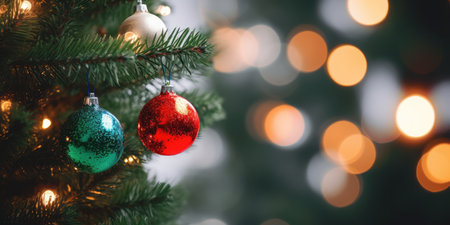 Merry Christmas and Happy New Year. Festive bright beautiful background. Decorated Christmas tree on blurred background. de-focused lights, golden bokehの素材